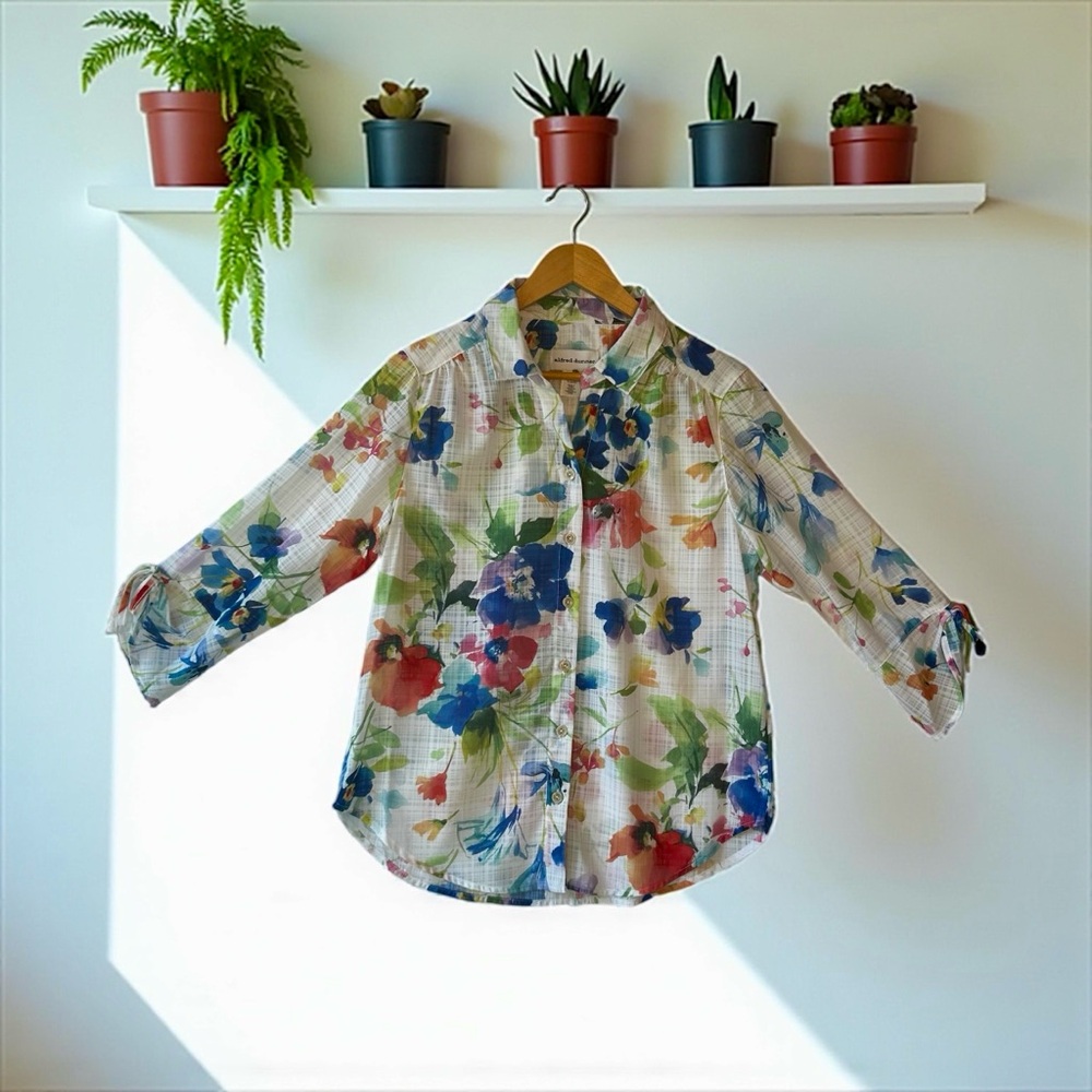 Alfred Dunner Colorful Floral Textured 3/4 Sleeve Button Down Blouse Size S